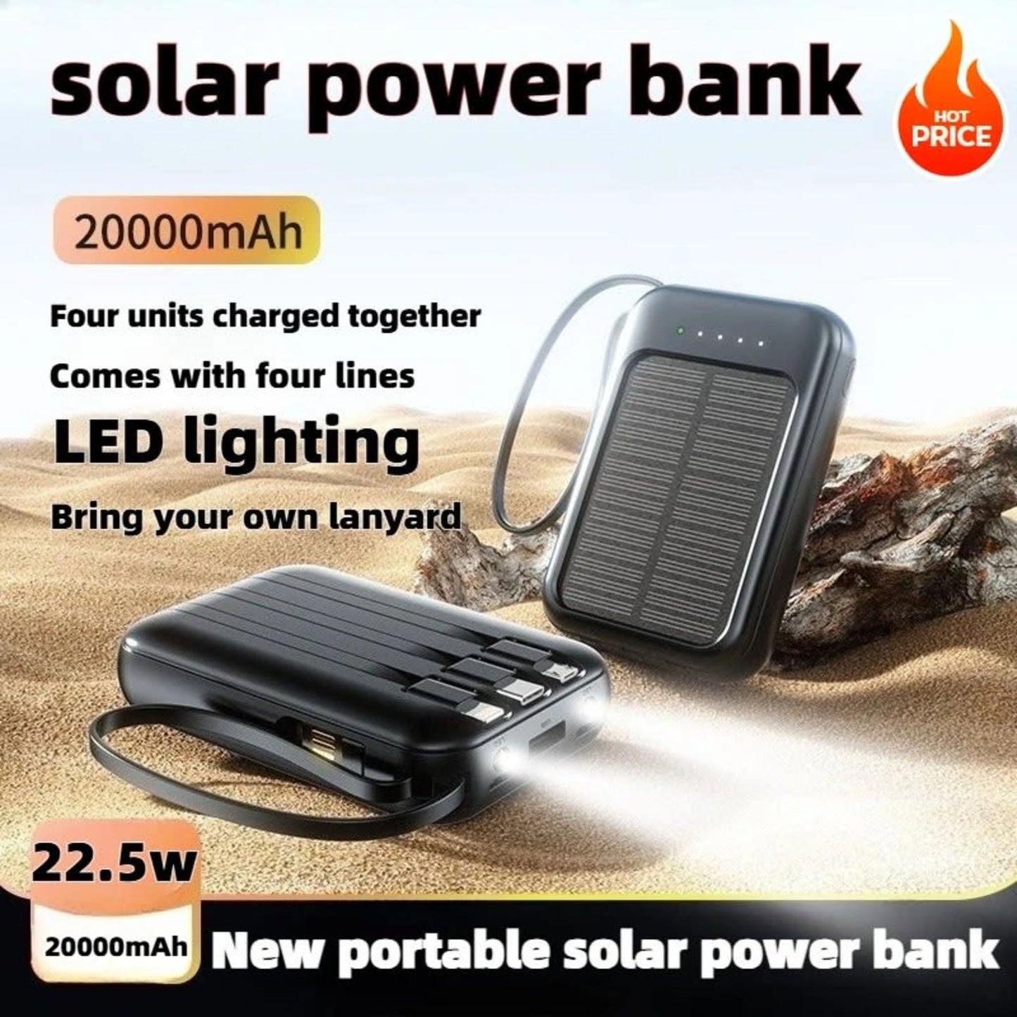 Solar Power Bank 20000mAh 22.5W Fast Charging Built-in Cables
