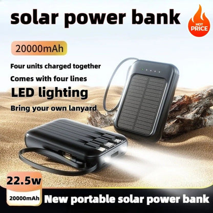Solar Power Bank 20000mAh 22.5W Fast Charging Built-in Cables