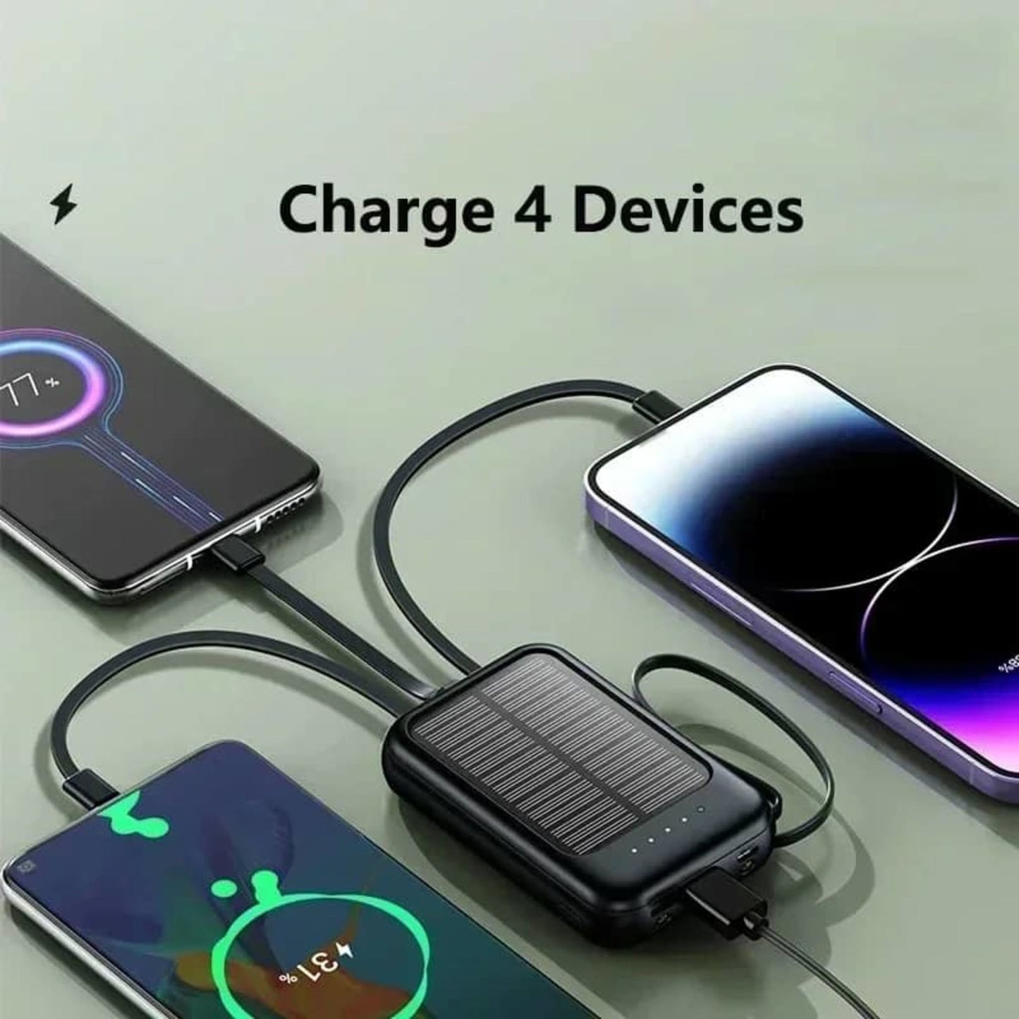 Solar Power Bank 20000mAh 22.5W Fast Charging Built-in Cables