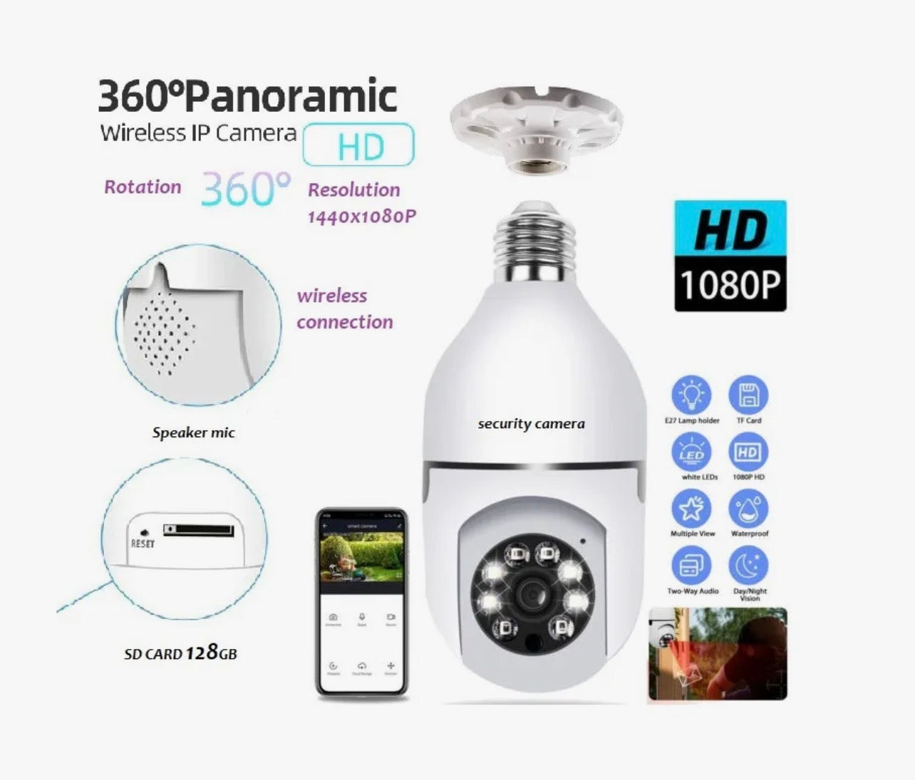 WiFi E27 Bulb CCTV Camera - 1080P Smart Security Cam with Night Vision, Motion Detection, 360° View, 2-Way Audio, App Control Wireless Indoor Outdoor Surveillance (iOS/Android)