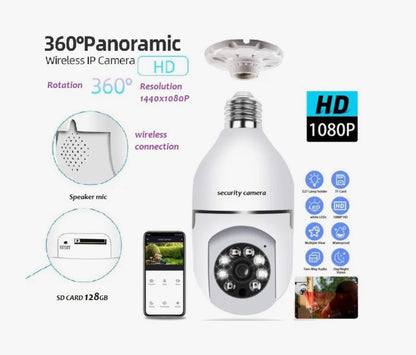 WiFi E27 Bulb CCTV Camera - 1080P Smart Security Cam with Night Vision, Motion Detection, 360° View, 2-Way Audio, App Control Wireless Indoor Outdoor Surveillance (iOS/Android)